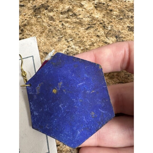 Vintage Funky 80s 90s Style Dangle Drop Earrings Teal Blue Pink Hexagon 2” India - Picture 6 of 6